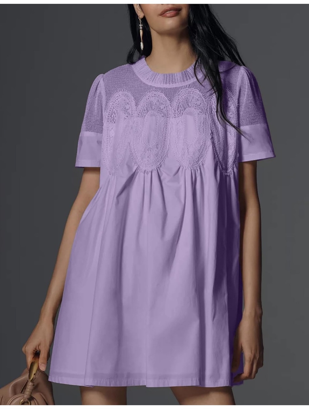Lilac Crochet Yoke Mini babydoll Dress - Short Sleeve A-Line - Picture 1 of 13